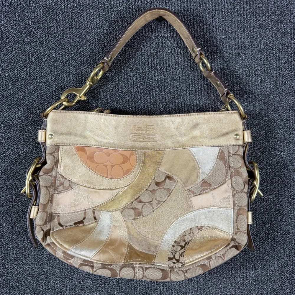 Vintage Coach Canvas Patchwork Hobo Bag Gold Metallic Hardware Leather Y2K 12663